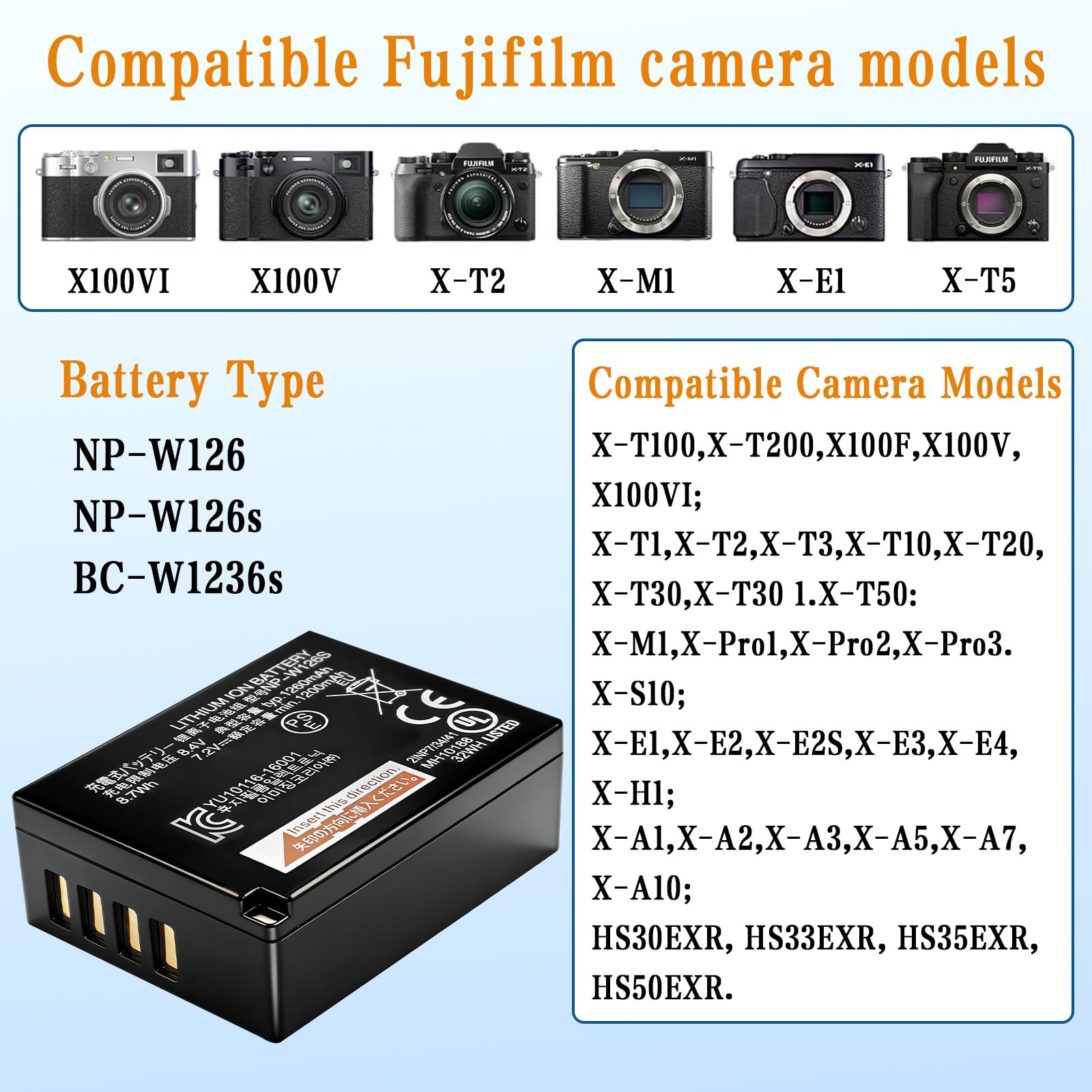 富士フイルム NP-W126S (X-T3 他) Fujifilm NP W126S - Li-Ion Battery - 1260 mAh for X Series X100, X